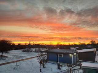 Spectacular sunset over  frozen lake in the Sweden in winter