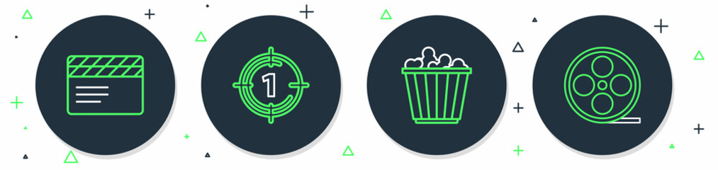 Set line Old film movie countdown frame, Popcorn in box, Movie clapper and Film reel icon. Vector