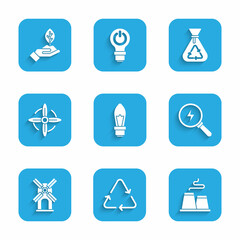 Set Light bulb, Recycle symbol, Factory, Lightning bolt, Wind turbine, Garbage bag with recycle and Plant hand icon. Vector
