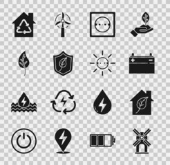 Set Wind turbine, Eco friendly house, Car battery, Electrical outlet, Shield with leaf, Leaf or leaves, House recycling and Solar energy panel icon. Vector