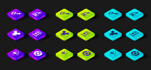 Set Genetically modified food, DNA symbol, Experimental mouse, Test tube flask on stand, Microscope and Syringe icon. Vector