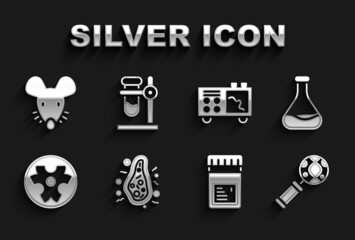 Set Bacteria, Test tube and flask, DNA research, search, Jar with additives, Biohazard symbol, Spectrometer, Experimental mouse and on stand icon. Vector