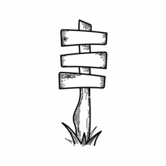 Road sign for hiking trails. Hand-drawn doodle-style element. Local tourism. Signpost in the mountains. Hand-drawn tree texture. Vector image of an object on a white background.