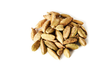 Pile of Cardamom (Elettaria cardamomum) pods isolated on white background. 