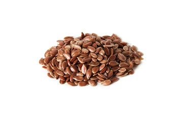 Pile of organic flax seeds isolated on white background