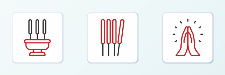 Set line Hands in praying position, Incense sticks and Aroma sticks, incense icon. Vector