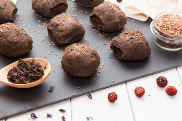 Homemade dietary linen bread buns close up perspective view