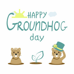 Hand-drawn Happy Groundhog Day inscription. Cute cartoon groundhogs, sun and clouds isolated on white background. Groundhog Mink. Template for calligraphic card, flyer, t-shirt, sticker, etc.