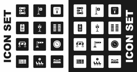 Set Repair of railway, Train traffic light, E-ticket train, Broken rails on, Railway, railroad track, Road signpost, station clock and barrier icon. Vector