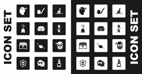 Set Bottle with message in water, Sailor hat, Pirate hook, captain, Decree, parchment, scroll, Smoking pipe, Skull and Antique treasure chest icon. Vector