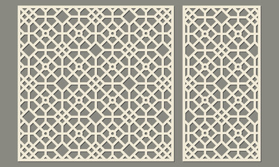 Decorative panel for laser cutting. Abstract geometric pattern triangular, rhombus, round shape. Template for cutting plywood, wood, paper, cardboard and metal.