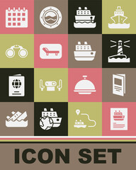 Set Cruise ship, Brochure, Lighthouse, Sunbed and umbrella, Binoculars, Calendar and icon. Vector