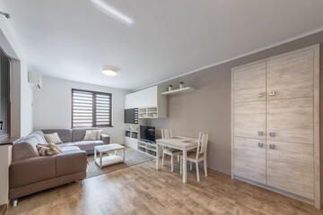 New modern living room. New home. Interior photography. Wooden floor.