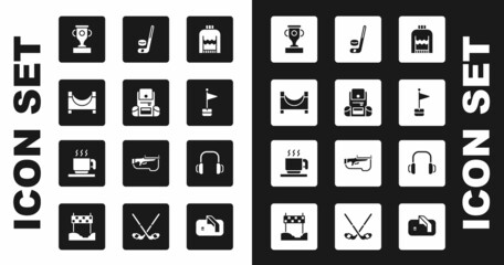 Set Christmas sweater, Hiking backpack, Skate park, Award cup, Location marker, Ice hockey stick and puck, Winter headphones and Hot chocolate icon. Vector