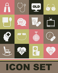 Set Grandmother, Medicine pill or tablet, Retro tv, Nursing home, Blood pressure, Sport expander and icon. Vector