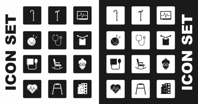 Set Monitor with cardiogram, Stethoscope, Yarn ball knitting needles, Walking stick cane, Knitting, Grandmother and Blood pressure icon. Vector