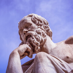 Socrates in deep thoughts marble statue portrait, the ancient Greek philosopher Athens, Greece