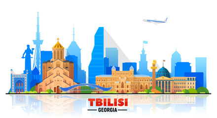 Tbilisi (Georgia) skyline on a white background. Flat vector illustration. Business travel and tourism concept with modern buildings. Image for banner or website. - obrazy, fototapety, plakaty