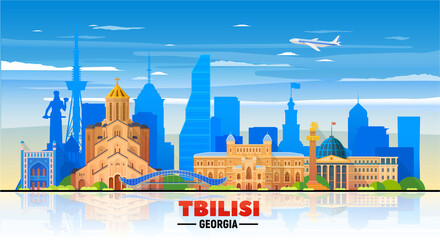 Tbilisi (Georgia) skyline on a white background. Flat vector illustration. Business travel and tourism concept with modern buildings. Image for banner or website. - obrazy, fototapety, plakaty