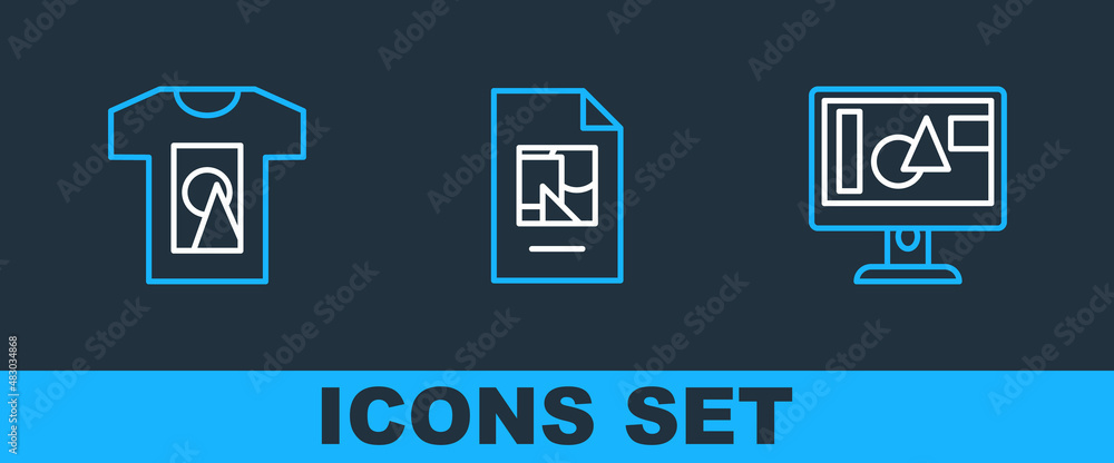 Poster set line computer monitor screen, t-shirt and file document icon. vector