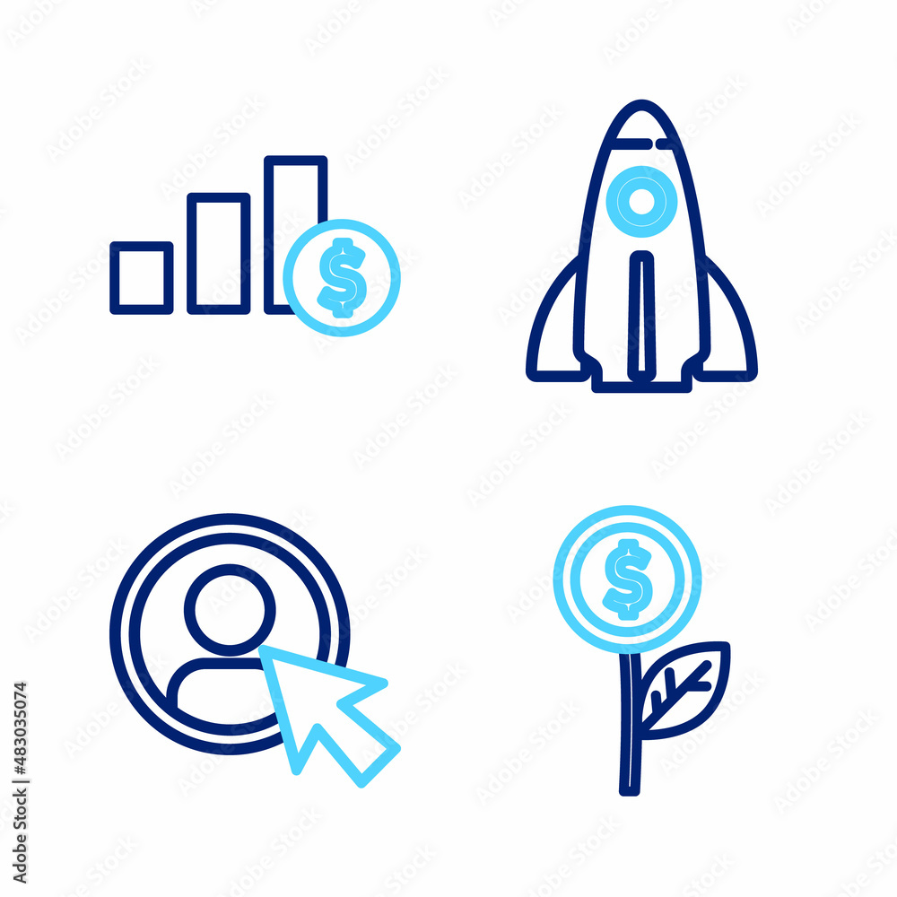 Poster set line dollar plant, create account screen, startup project concept and pie chart and dollar icon.