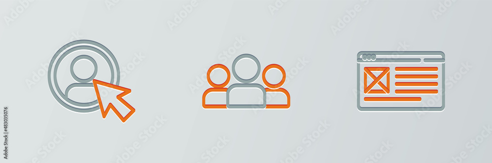 Poster set line browser window, create account screen and users group icon. vector