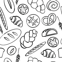 Seamless vector pattern with different kind of bakery products.