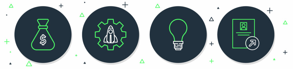 Set line Startup project concept, Light bulb with of idea, Money bag and Job promotion icon. Vector