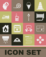 Set Firefighter, Evacuation plan, hose reel, cone bucket, Walkie talkie, truck, and Burning match with fire icon. Vector