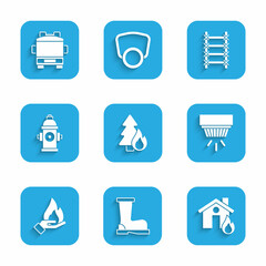 Set Burning forest tree, Fire boots, burning house, Smoke alarm system, Hand holding fire, hydrant, escape and truck icon. Vector