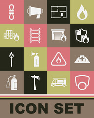 Set Gas mask, Firefighter helmet, protection shield, Evacuation plan, escape, in burning buildings, Climber rope and garage icon. Vector