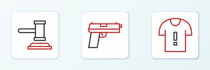 Set line T-shirt protest, Judge gavel and Pistol or gun icon. Vector