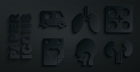 Set Sore throat, Pills in blister pack, Doctor appointment, Human kidneys, Lungs and Emergency car icon. Vector