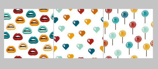 Set of seamless heart pattern vector. Retro colored hearts, lollypops, lips. Many vector lips.