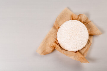 Slices of cheese camembert or brie isolated on light background. Milk production. Space for text. Long banner format