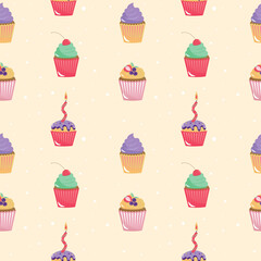 Seamless holiday cupcake pattern on yellow background