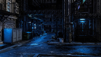 Dark seedy backstreet in a fantasy future cyberpunk city with moody blue tones. 3D illustration. - obrazy, fototapety, plakaty