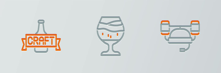 Set line Beer helmet, bottle and Glass of beer icon. Vector