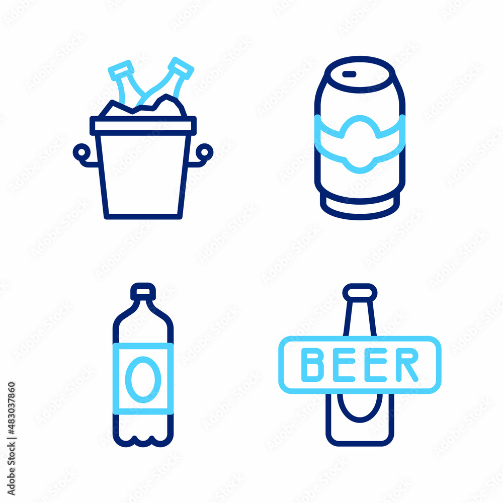 Poster Set line Beer bottle, Plastic beer, can and bottles in ice bucket icon. Vector