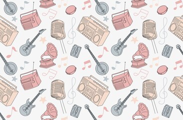 Colorful seamless pattern of musical instruments in a flat style
