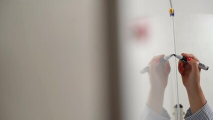 Close-up hands of unrecognizable business woman writing ideas on white board in meeting room. Tracking shot of female employee holding marker drawing on whiteboard working on project plan. - Powered by Adobe