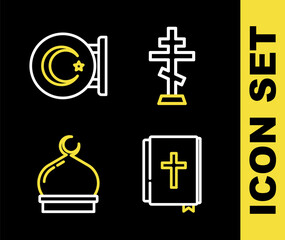 Obraz premium Set line Christian cross, Holy bible book, Muslim Mosque and Star and crescent icon. Vector