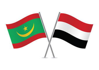 Mauritania and Yemen flags. Mauritanian and Yemeni flags isolated on white background. Vector illustration.