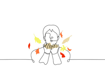 man blows autumn leaves out of his palms - one line drawing vector. concept of autumn holidays, fun in autumn forest