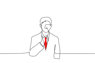 man in business suit stands straightening his red tie - one line drawing vector. concept of being nervous before interview or important business meeting, men's office fashion, bright tie