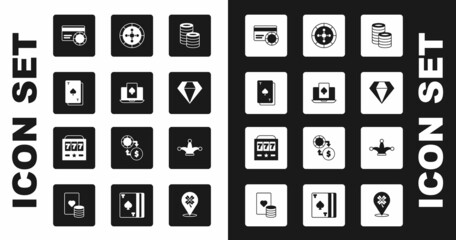 Set Casino chips, Online poker table game, Playing card with spades, Credit, Diamond, roulette wheel, Joker playing and Slot machine jackpot icon. Vector