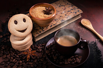 homemade breakfast with espresso coffee and cookies with smiley face.