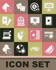 Set Casino slot machine with watermelon, Credit card, Playing spades, chips, Slot jackpot, Deck of playing cards, Game dice and clover icon. Vector