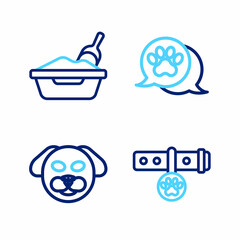 Set line Collar with name tag, Dog, Paw print and Cat litter tray shovel icon. Vector © vector_v