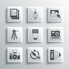 Set Camera timer, Photo camera, flash, with, Tripod, frame and retouching icon. Vector